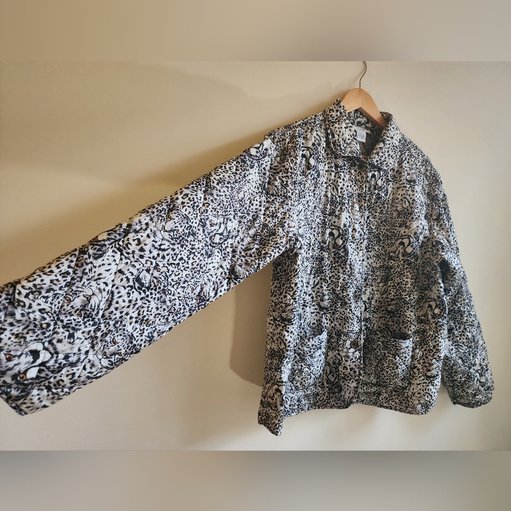 Vintage 80s 90s Silk Snow Leopard Quilted Anna & Frank Reversible Jacket L - Picture 5 of 9